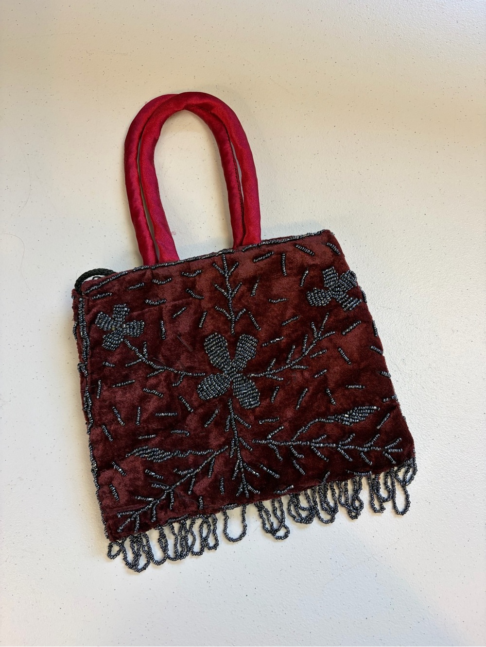 Vintage Velvet Beaded Handbag Purse Burgundy Black Floral Fringe Y2K Whimsigoth
